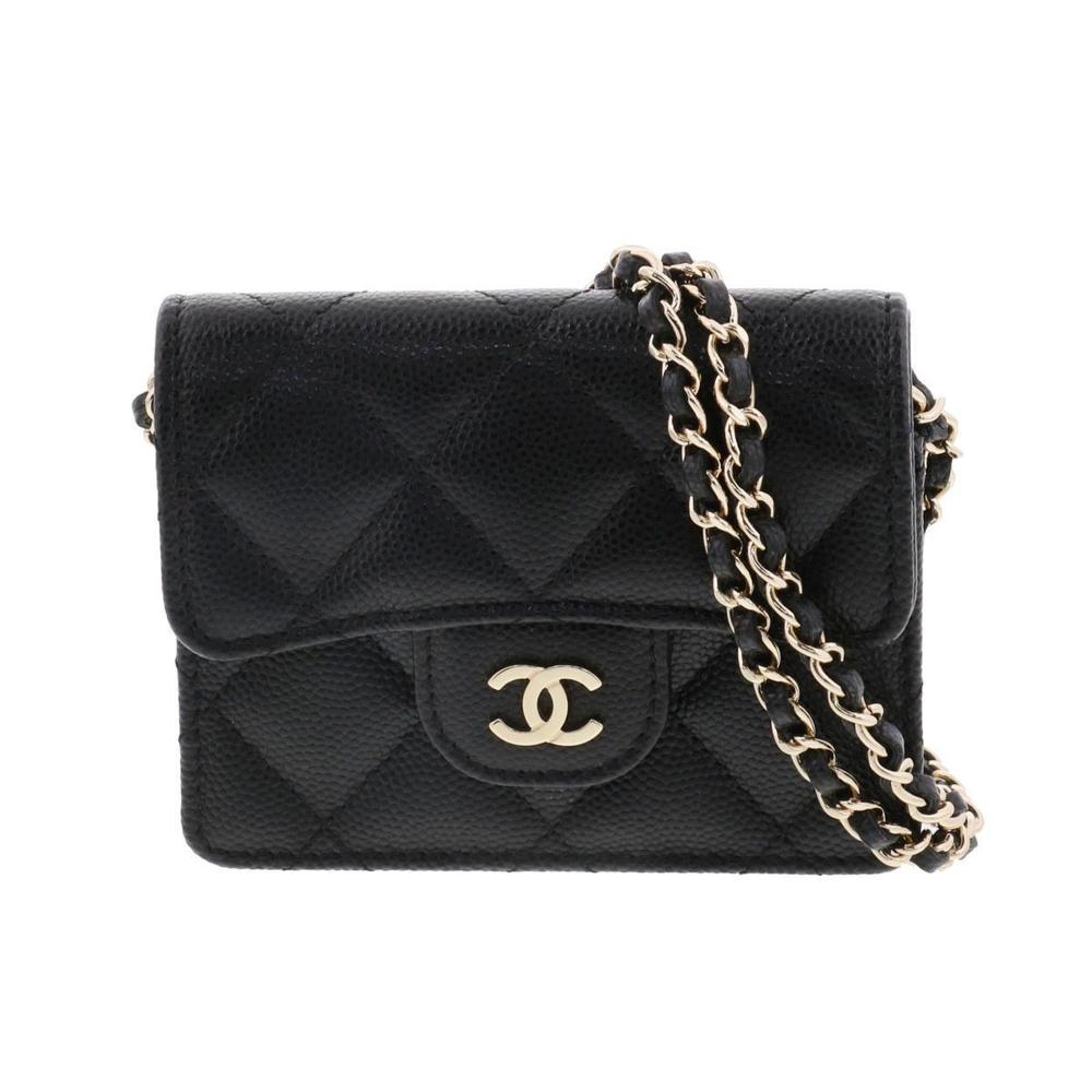 CHANEL Mattress Chain Shoulder Card Case Bag Messenger Cabiaskin Black A